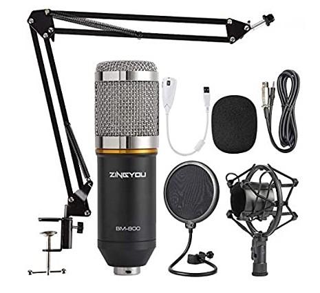 Shopbg Bulgaria BM-800 Кондензаторен микрофон със стойка за поп филтър Професионален студиен звукозапис Сребрист